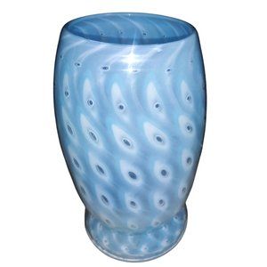 Blue Opalescent Controlled Bubble Glass Swirl Vase Peacock Eye Turquoise Vase